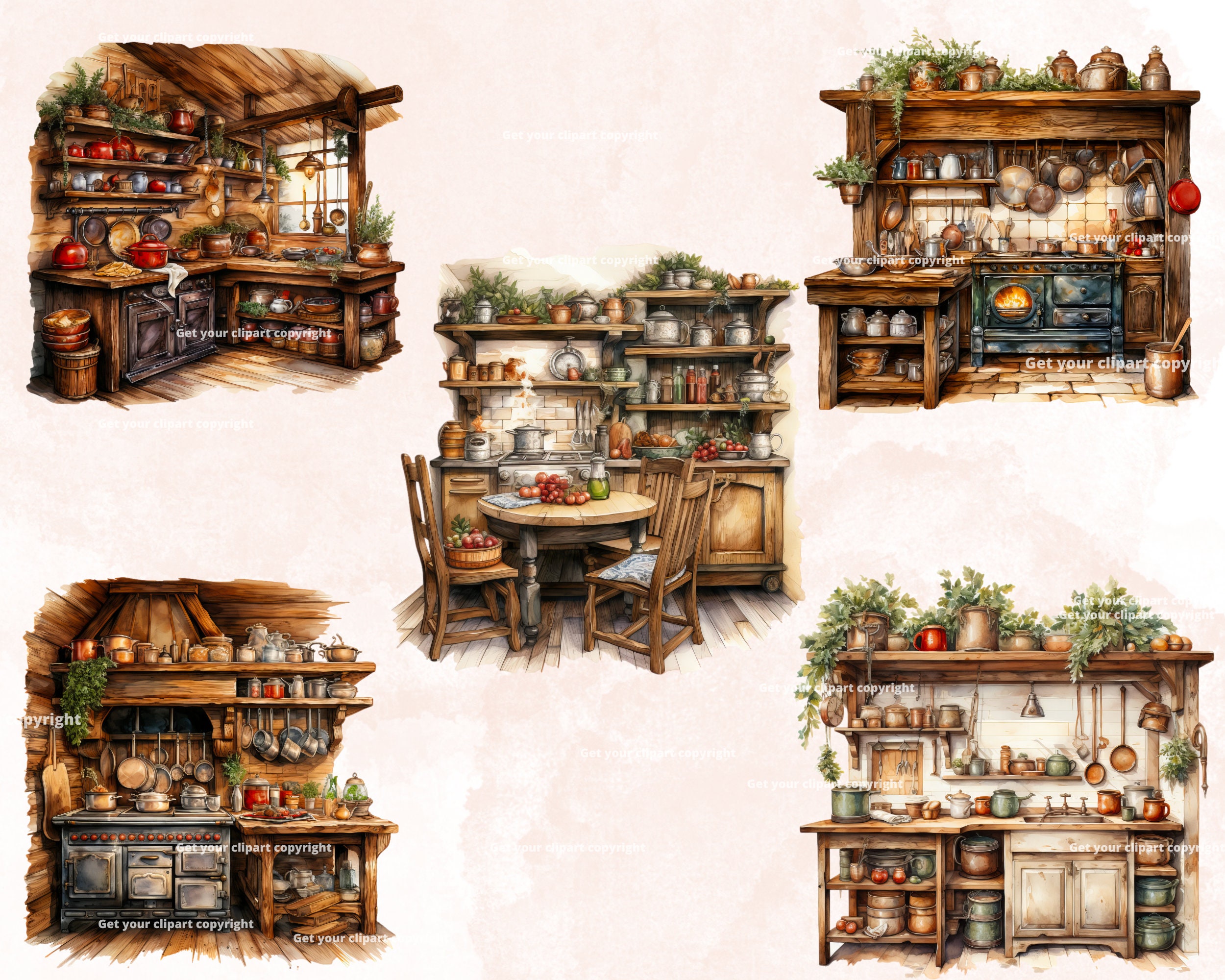 Watercolor Kitchens Clipart Bundle, Transparent Background, Commercial ...