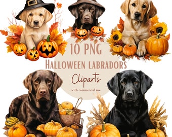 May include: Ten digital clip art images of Labrador Retriever dogs dressed in Halloween costumes with pumpkins and fall foliage.  The text "10 PNG HALLOWEEN LABRADORS Clipart with commercial use" is on a tan background.