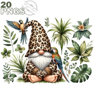 Set jungle kabouterillustraties, tropische clipart voor al uw creatieve projecten, inclusief commercieel gebruik