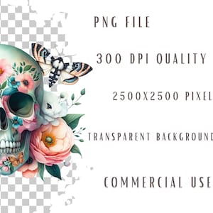 May include: A white sugar skull with floral and butterfly accents. The skull is decorated with pink, blue, and green flowers. The background is transparent.