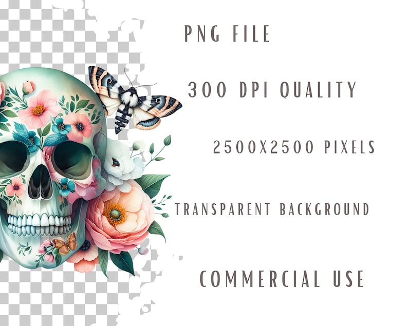 May include: A white sugar skull with floral and butterfly accents. The skull is decorated with pink, blue, and green flowers. The background is transparent.