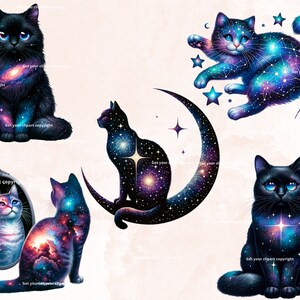 May include: Five black cats with galaxy and constellation patterns. The cats are in various poses, including sitting, standing, and looking in a mirror. The background is a light pink.