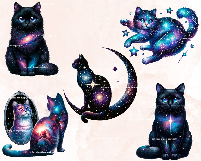 May include: Five black cats with galaxy and constellation patterns. The cats are in various poses, including sitting, standing, and looking in a mirror. The background is a light pink.