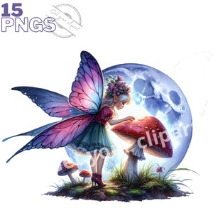 Ensemble d'illustrations de fées et de champignons luminescents, cliparts féériques pour tous vos projets créatifs, usage commercial inclus