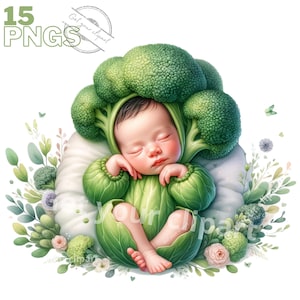 Set babygroenteillustraties, aquarel baby shower clipart voor al uw creatieve en professionele projecten
