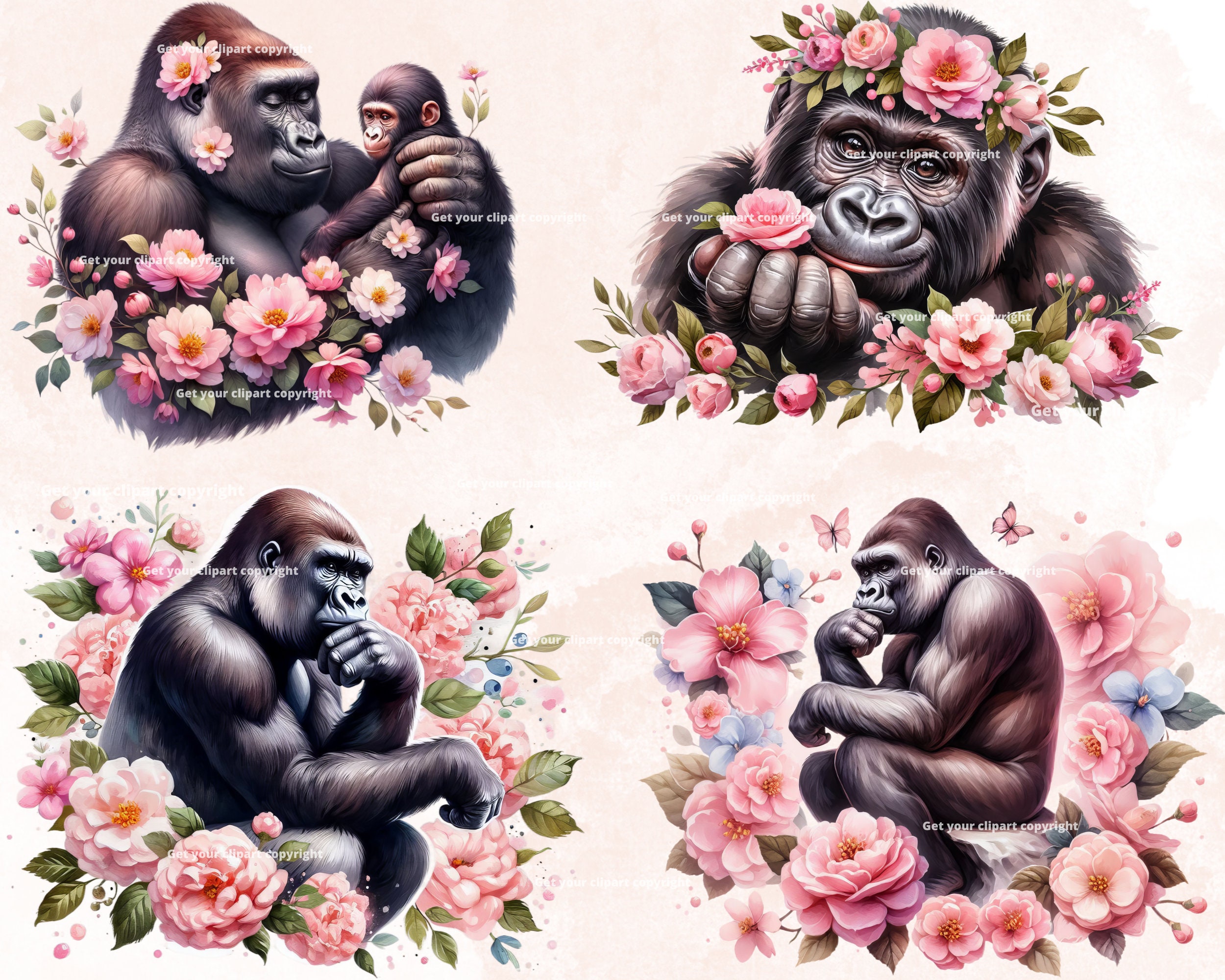 花のゴリラ画像、創造的なプロジェクト用のかわいいゴリラの PNG 画像