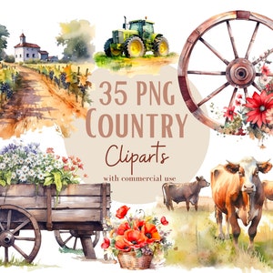 Painted country landscape clipart, Farmhouse clipart, Cattle in a field clipart, Pumpkin clipart,  Country png graphics, Set of 35, clipart