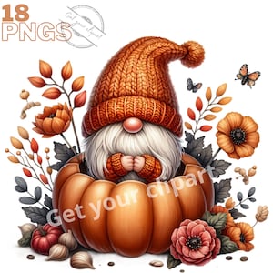 Ensemble d'illustrations de gnomes d'Automne, clipart d'Automne et de citrouilles pour tous vos projets créatifs, usage commercial inclus