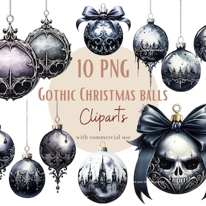 Ensemble d'illustrations de boule noël gothiques, Cliparts de noël façon aquarelle pour tous vos projets créatifs et professionnels