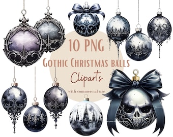 Gothic Christmas balls clipart bundle, Gothic Christmas ornaments graphics, Christmas png bundle , Transparent Background, Set of 10
