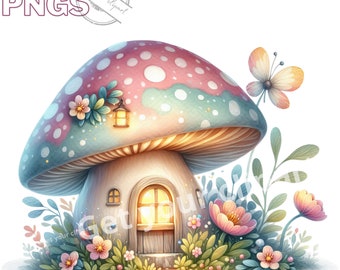 May include: A whimsical mushroom house with a pink and blue cap, a small door, and a glowing window. The house is surrounded by green foliage and pink flowers. There is a butterfly flying above the house.
