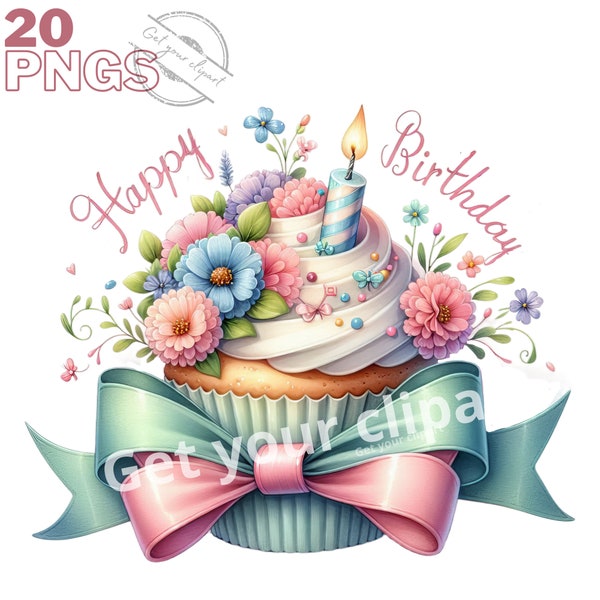 Ensemble d'illustrations de cupcakes d'anniversaire, Cliparts de cupcakes en fleurs façon aquarelle pour tous vos projets créatifs