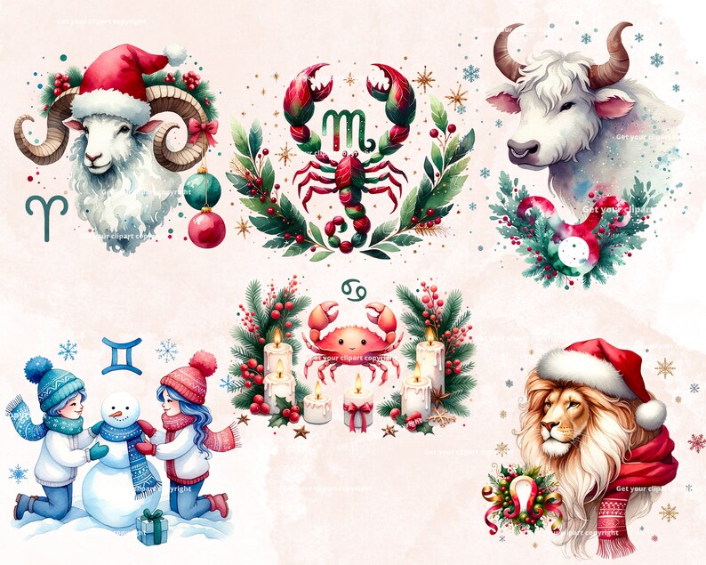 Puede incluir: Ilustraciones de acuarela de los 12 signos del zod&iacute;aco con decoraciones navide&ntilde;as. Cada signo se representa con una corona festiva y un fondo invernal. Los signos incluyen Aries, Tauro, G&eacute;minis, C&aacute;ncer, Leo, Virgo, Libra, Escorpio, Sagitario, Capricornio, Acuario y Piscis.