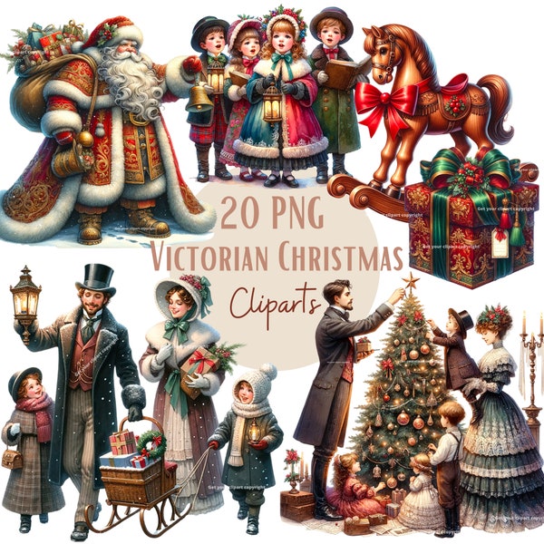 Ensemble d'illustrations de Noël Victorien, Cliparts de noël façon aquarelle pour tous vos projets créatifs et professionnels