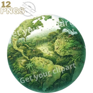 Peut inclure: Un globe vert avec une illustration d&eacute;taill&eacute;e d'une for&ecirc;t luxuriante couvrant les continents. Le globe est entour&eacute; d'un fond blanc.