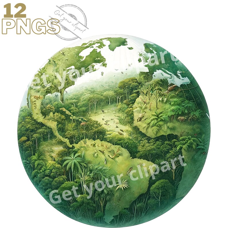 Peut inclure: Un globe vert avec une illustration d&eacute;taill&eacute;e d'une for&ecirc;t luxuriante couvrant les continents. Le globe est entour&eacute; d'un fond blanc.