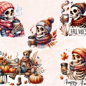 Fall Skeleton Background Pattern Fall Skeleton Clipart Bundle, Skeleton Drinking Coffee, Autumn Skeleton ...