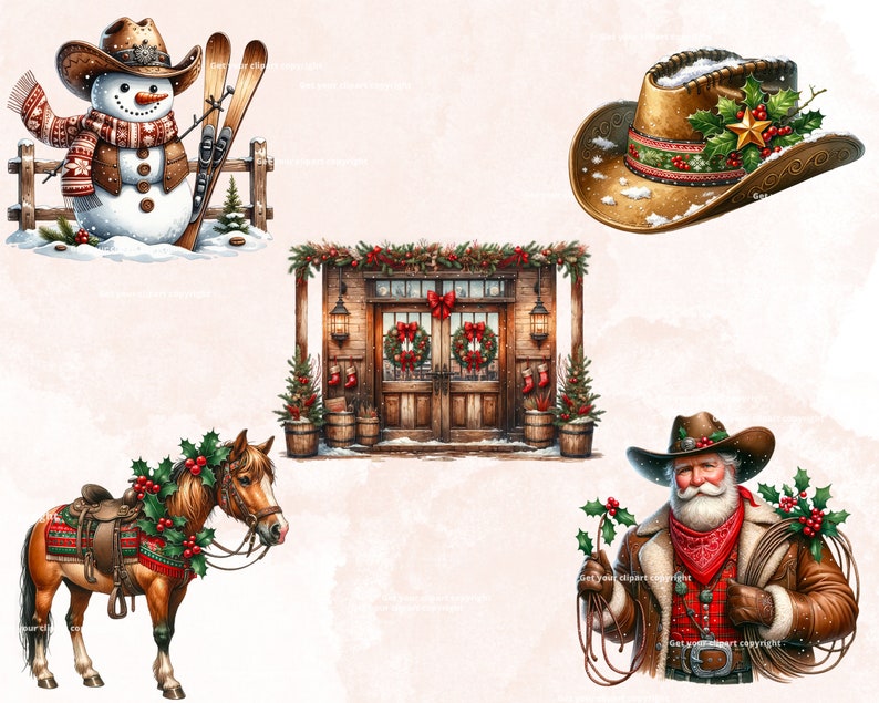 Op de afbeelding: Een digitale illustratie van een kerstsc&egrave;ne met een sneeuwpop die ski's vasthoudt, een cowboyhoed versierd met hulst en een ster, een houten gebouw met een deur en een krans, een paard met een zadel en hulst, en een kerstman met een witte baard en een rode sjaal die een touw met hulst vasthoudt.