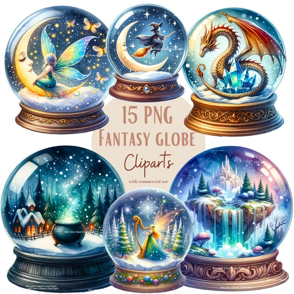 Fantasy Globe Clipart Bundle, Watercolor Fantasy clipart, PNG Format, Transparent Background, Commercial Use, Set of 10 Cliparts