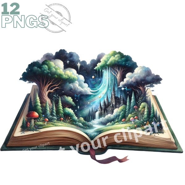 Magic books clipart bundle, Books png graphics, Enchanted books, Bookworm clipart, Child book clipart, Commercial Use