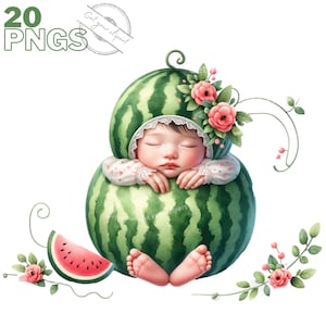 Ensemble d'illustrations de bébé fruit, Cliparts de baby shower façon aquarelle pour tous vos projets créatifs et professionnels