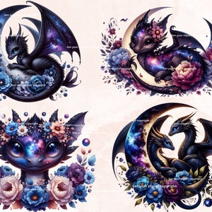 May include: Four digital illustrations of cute, black dragons with galaxy-themed scales and wings. Each dragon is curled up on a crescent moon with a floral arrangement around it. The flowers are in shades of blue, purple, and pink.