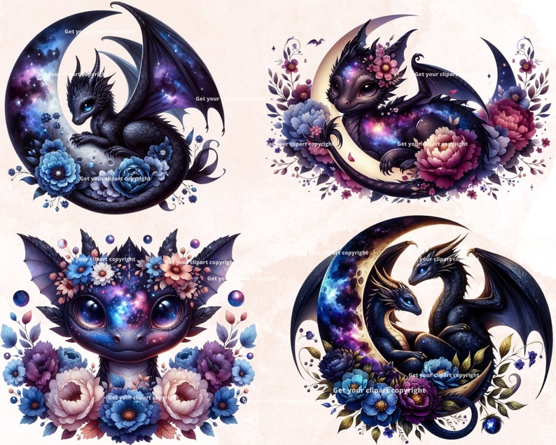 May include: Four digital illustrations of cute, black dragons with galaxy-themed scales and wings. Each dragon is curled up on a crescent moon with a floral arrangement around it. The flowers are in shades of blue, purple, and pink.