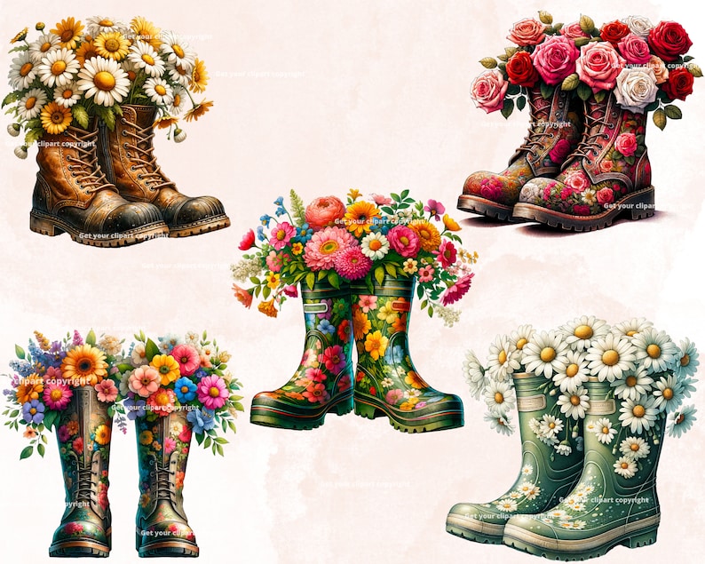 May include: Four pairs of boots with different floral arrangements in them. The boots are all different styles and colors. The flowers are all in bloom and are very colorful.