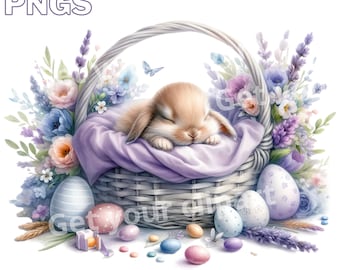Easter bunny in a basket clipart bundle, Easter clipart, Easter graphics, Easter designs, With transparent background and commercial use
