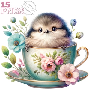 Ensemble d'illustrations d'oiseaux dans une tasse à thé, Clipart d'oiseaux façon aquarelle pour tous vos projets créatifs et professionnels