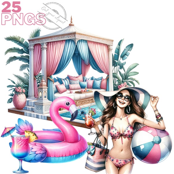 Cliparts de Pool party pour un usage récréatif, artistique, ou professionnel, clipart d'été avec usage commercial inclus