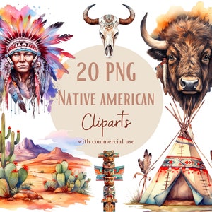 Ensemble d'illustrations d'Indiens d'Amérique, Cliparts d'Indiens façon aquarelle pour tous vos projets créatifs et professionnels