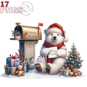 Ensemble d'illustrations de boites à lettres de Noël, Cliparts d'ours polaires façon aquarelle pour tous vos projets créatifs