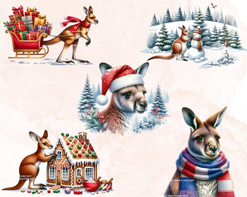 Christmas kangaroo clipart bundle, Australia graphics, Kangaroo clip art designs, Transparent background, Commercial use, Set of 10 image 2