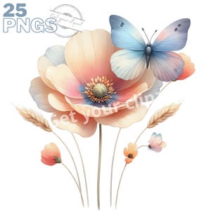 Ensemble d'illustrations de papillons et de fleurs, Clipart de fleurs façon aquarelle pour tous vos projets créatifs et professionnels