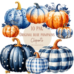 Blue Pumpkin Clipart Bundle, Floral Pumpkin Graphics, Thanksgiving Clipart, Fall Design Elements, Set of 15, With commercial use
