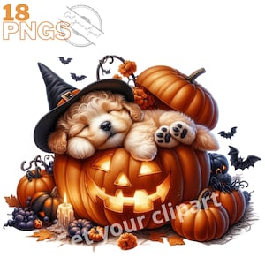 Ensemble d'illustrations de chiots d'Halloween, clipart d'Halloween pour tous vos projets créatifs, usage commercial inclus