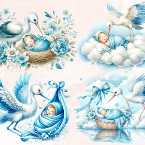 May include: Four digital illustrations of a stork delivering a baby. The first image shows a stork carrying a baby in a nest with blue flowers. The second image shows a stork carrying a baby on a cloud. The third image shows a stork carrying a baby in a blue bag. The fourth image shows a stork carrying a baby in a basket.