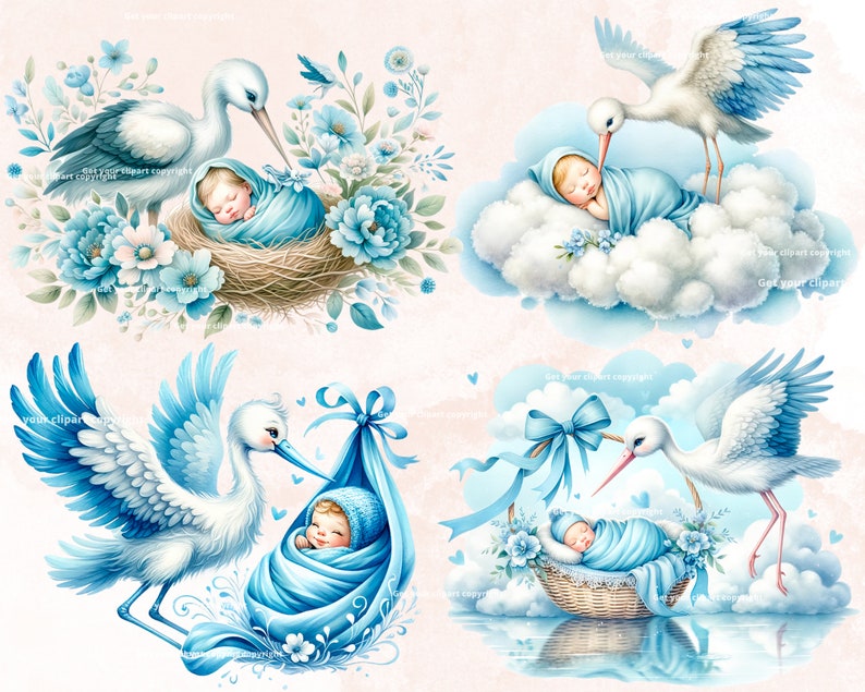 May include: Four digital illustrations of a stork delivering a baby. The first image shows a stork carrying a baby in a nest with blue flowers. The second image shows a stork carrying a baby on a cloud. The third image shows a stork carrying a baby in a blue bag. The fourth image shows a stork carrying a baby in a basket.