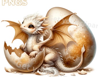 Conjunto de ilustraciones de dragones de color marfil y dorado, imágenes prediseñadas estilo acuarela para todos tus proyectos creativos y profesionales.