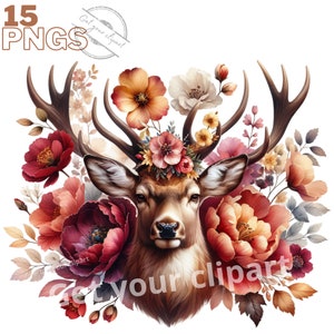 Ensemble d'illustrations de Cerfs, clipart floral pour tous vos projets créatifs et professionnels, usage commercial inclus