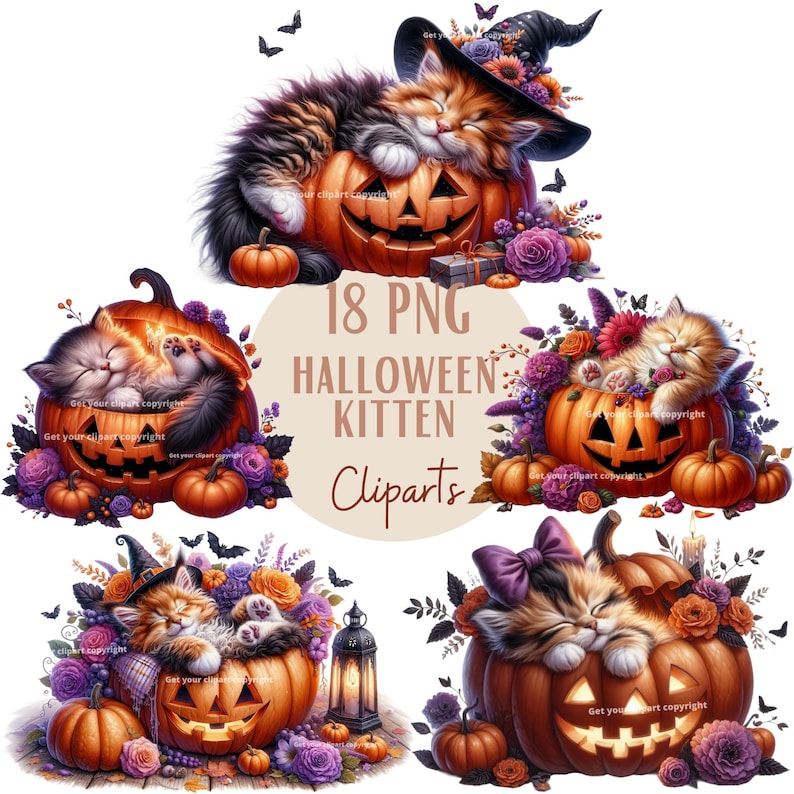 May include: Four digital illustrations of Halloween kittens sleeping inside jack-o'-lantern pumpkins. Each kitten is surrounded by flowers and leaves. The text "18 PNG HALLOWEEN KITTEN CLIPARTS" is in the center of the image.
