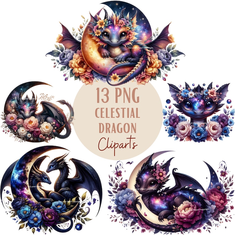 May include: 13 PNG Celestial Dragon Cliparts featuring cute baby dragons with galaxy wings and floral accents. The dragons are nestled in crescent moons with starry skies and colorful flowers.