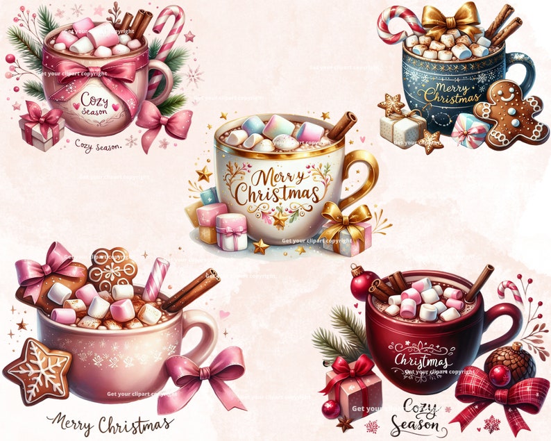 May include: Four mugs of hot chocolate with marshmallows, candy canes, and gingerbread cookies. The mugs are decorated with festive Christmas themes and the text "Cozy Season" and "Merry Christmas".