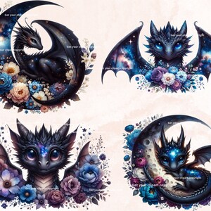 May include: Four digital illustrations of cute black dragons with galaxy wings and a starry night sky background. Each dragon is surrounded by a floral arrangement of blue, purple, and white flowers.