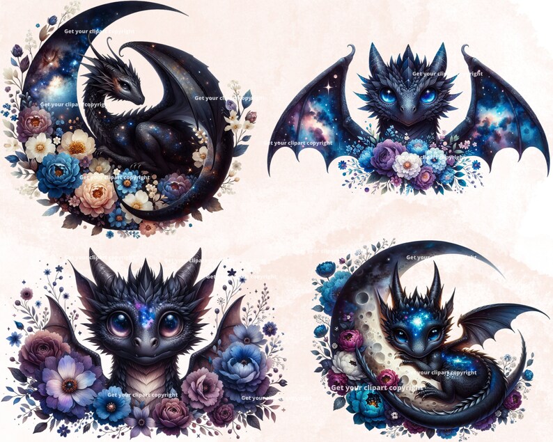 May include: Four digital illustrations of cute black dragons with galaxy wings and a starry night sky background. Each dragon is surrounded by a floral arrangement of blue, purple, and white flowers.