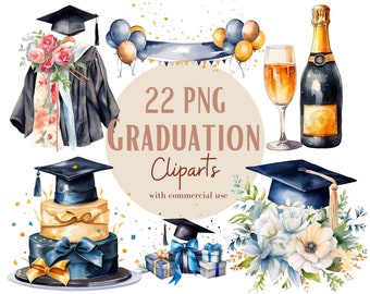 May include: A set of 22 watercolor graduation clipart images. The set includes a graduation cap, a cake, a champagne bottle, a bouquet of flowers, and a graduation gown. The clipart is perfect for creating invitations, cards, and other graduation-themed projects.