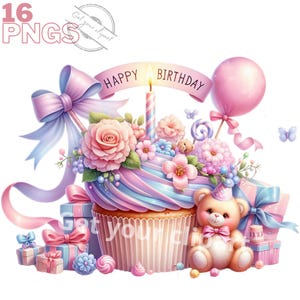 Conjunto de ilustraciones de cupcakes de cumpleaños, clipart de cupcakes de flores de acuarela para todos tus proyectos creativos