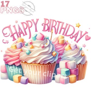 Ensemble d'illustrations de cupcakes d'anniversaire, Cliparts de cupcakes en fleurs façon aquarelle pour tous vos projets créatifs