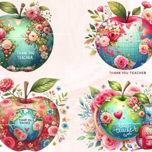 Puede incluir: Cuatro ilustraciones de manzanas con flores y un globo terr&aacute;queo en su interior. Las manzanas son rojas, verdes y azules. El texto "Gracias Profesor" aparece en tres de las manzanas. La cuarta manzana tiene el texto "Mejor Profesor de Todos los Tiempos".